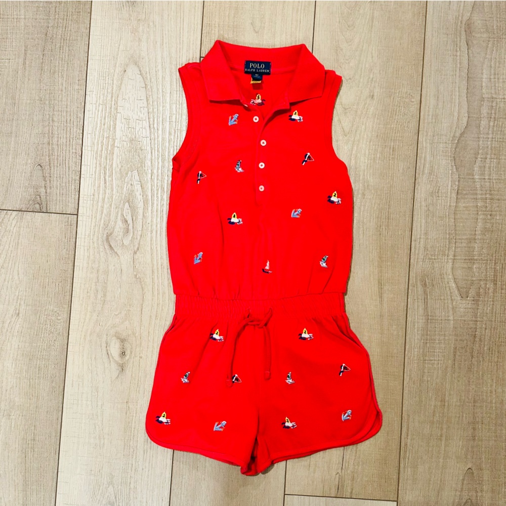 Polo Ralph Lauren Red Girls Romper with Sailboat Embroidery